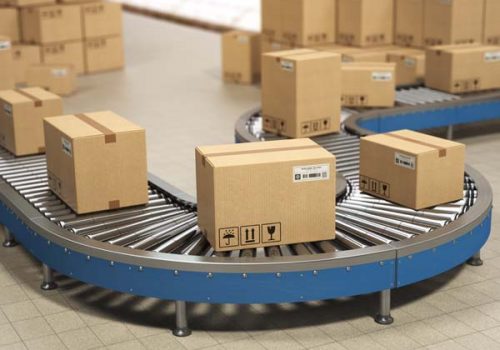 Cardboard boxes on conveyor roller in distribution warehouse, Delivery and packaging service concept. 3d illustration